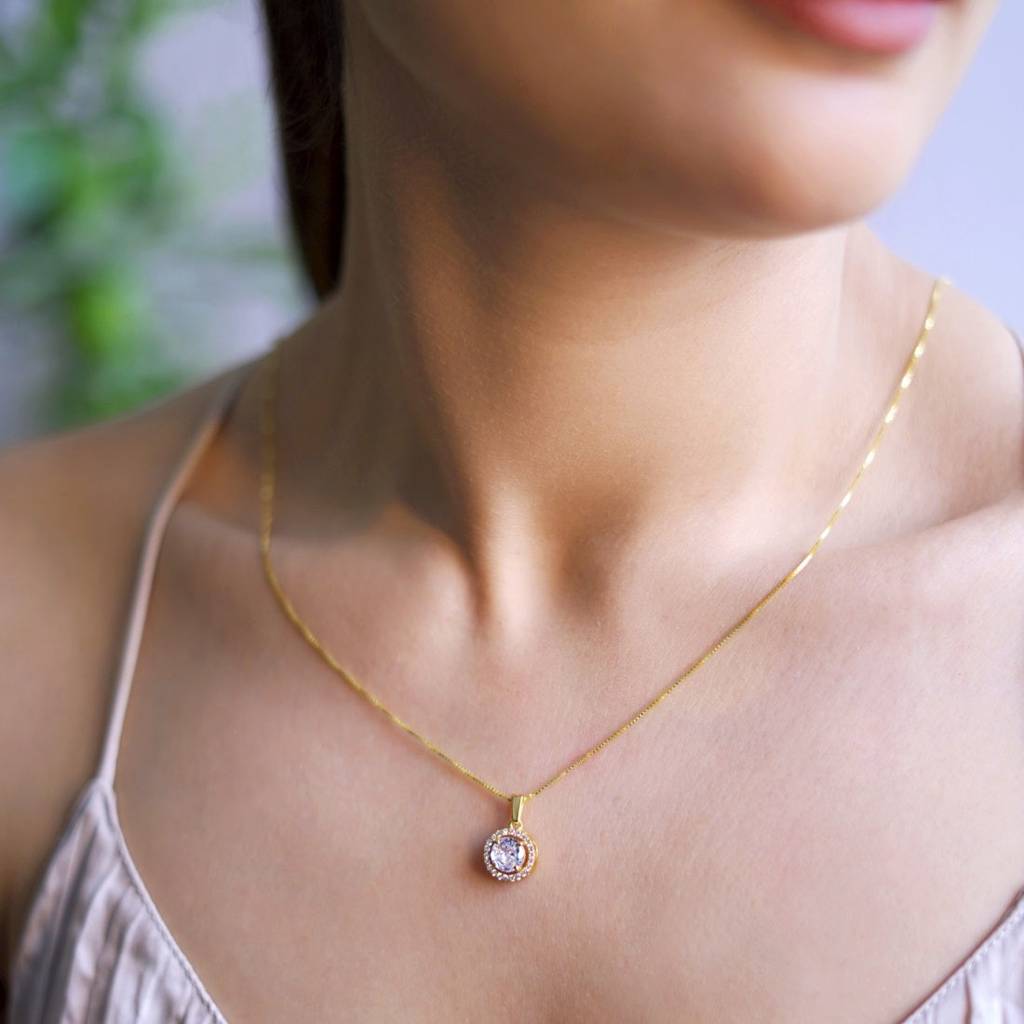 Classic Solitaire Golden Plated 925 Sterling Silver Pendant With Box Chain : PEN-30027