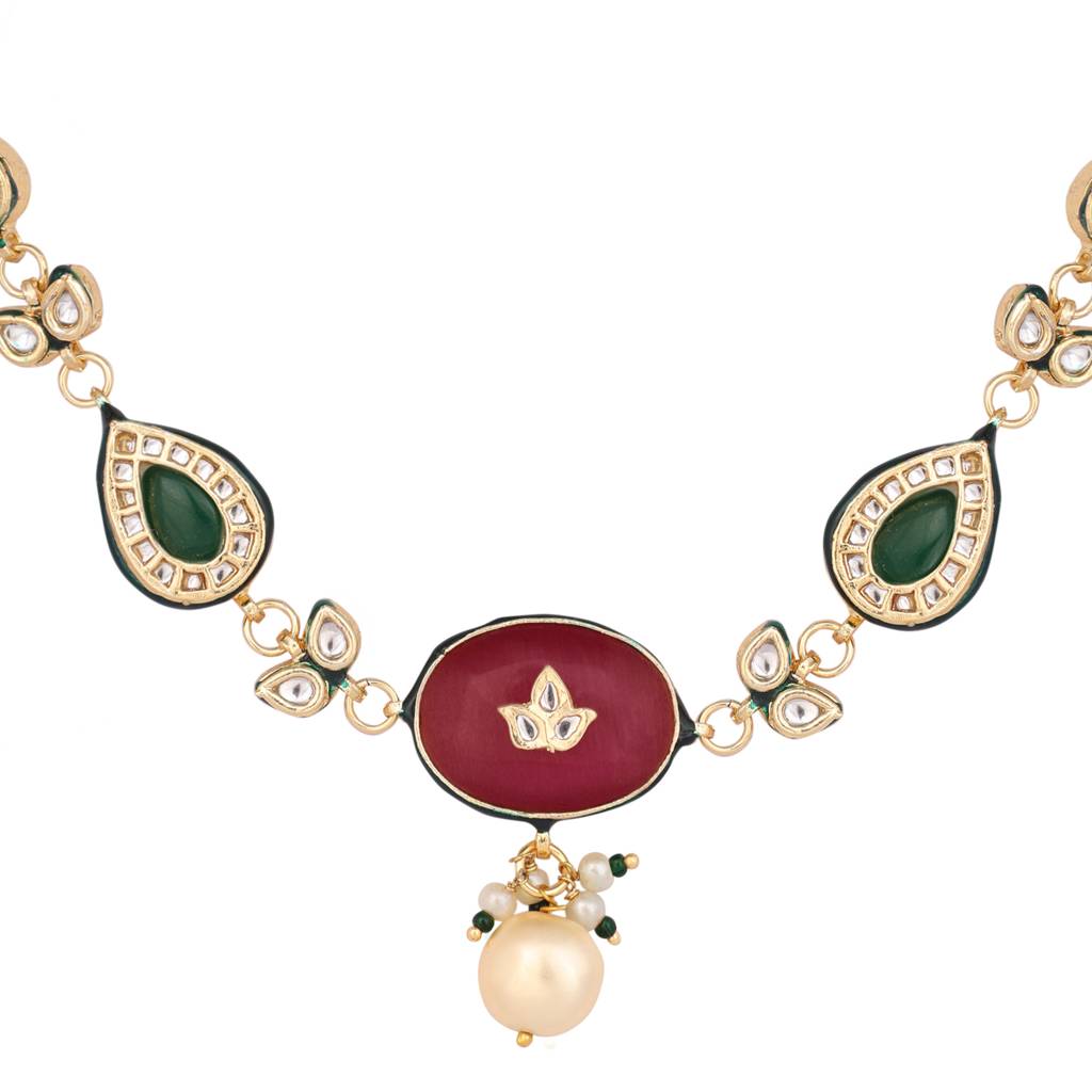 22K Gold Plated Radiant Sage Stone Kundan Necklace : YI24A0462N