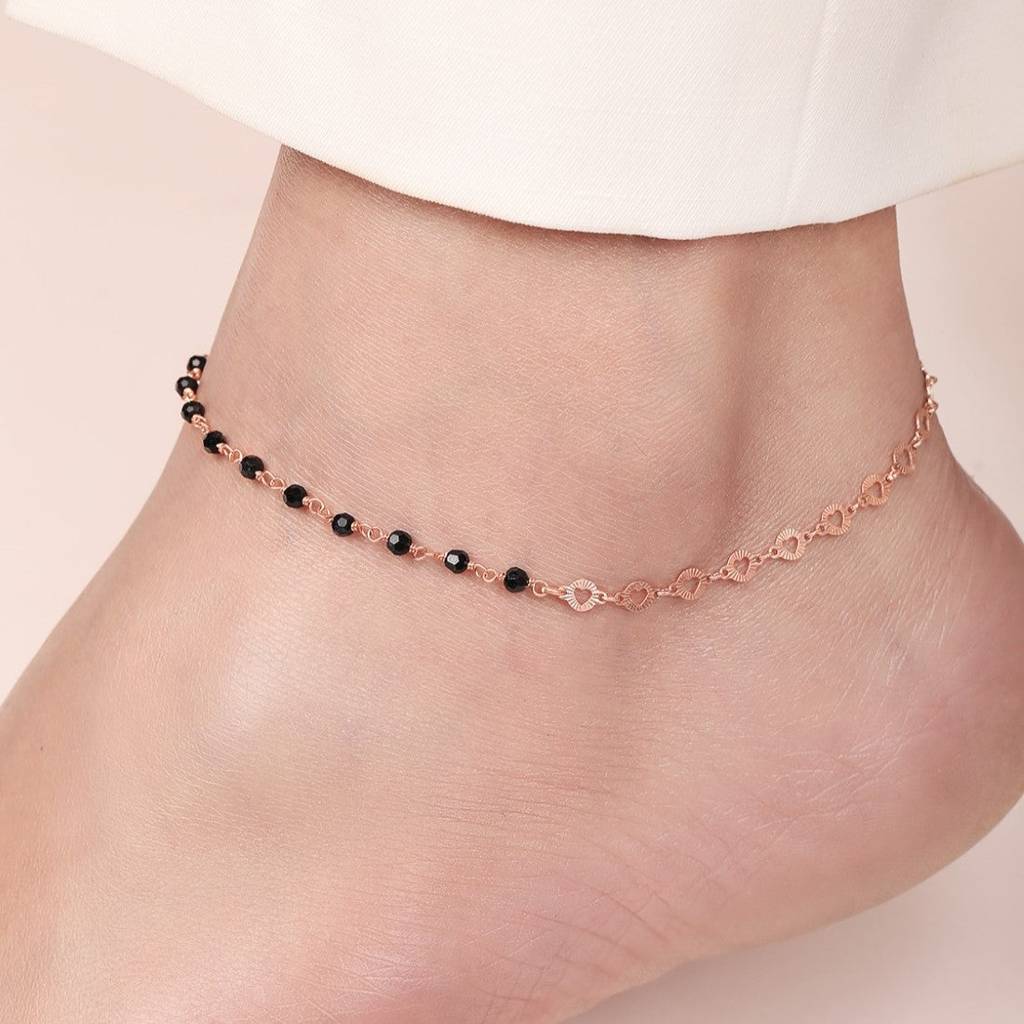 Rose Gold Radiance Beaded Chain Anklet In 925 Sterling Silver : ANK-60272-PAIR
