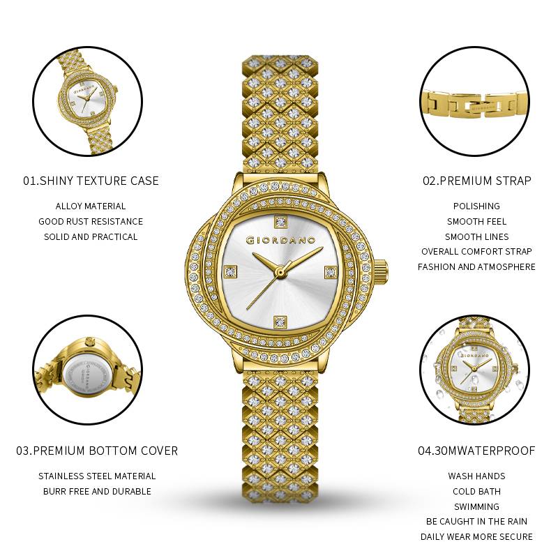 Giordano Luxury Crystal Watch For Women, Stainless Steel Strap, Diamond-Studded Bezel, Elegant Dress Timepiece : GZ-60120-11