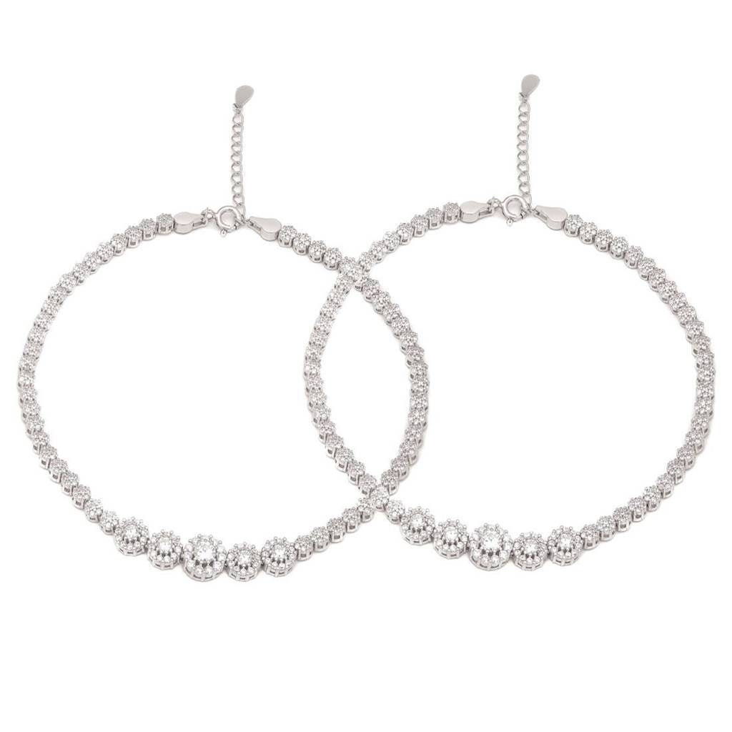 Glimmering Fusion Floral Cz Rhodium Plated 925 Sterling Silver Anklet : ANK-60268-PAIR-R