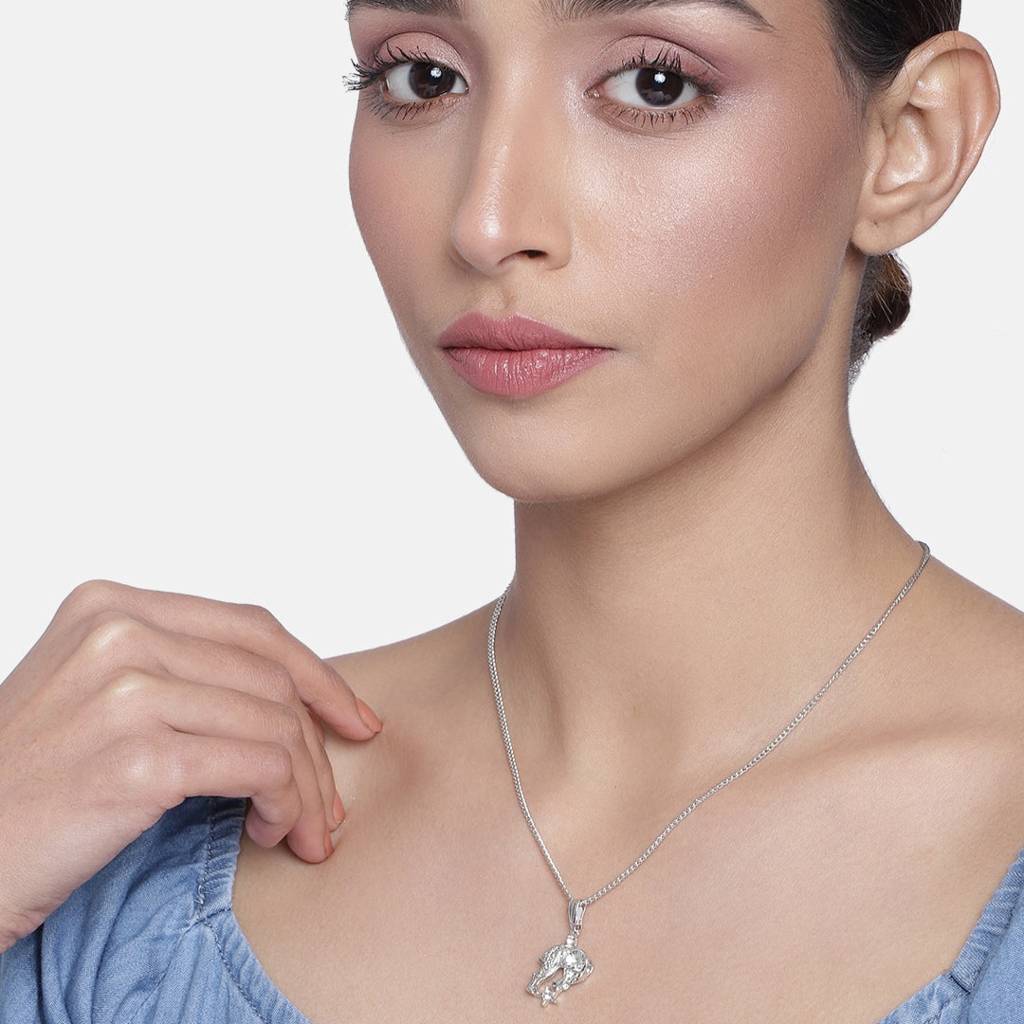 Estele Rhodium Plated Aries Zodiac Sign Designer Pendant With Crystal For Women : 825-NKNK