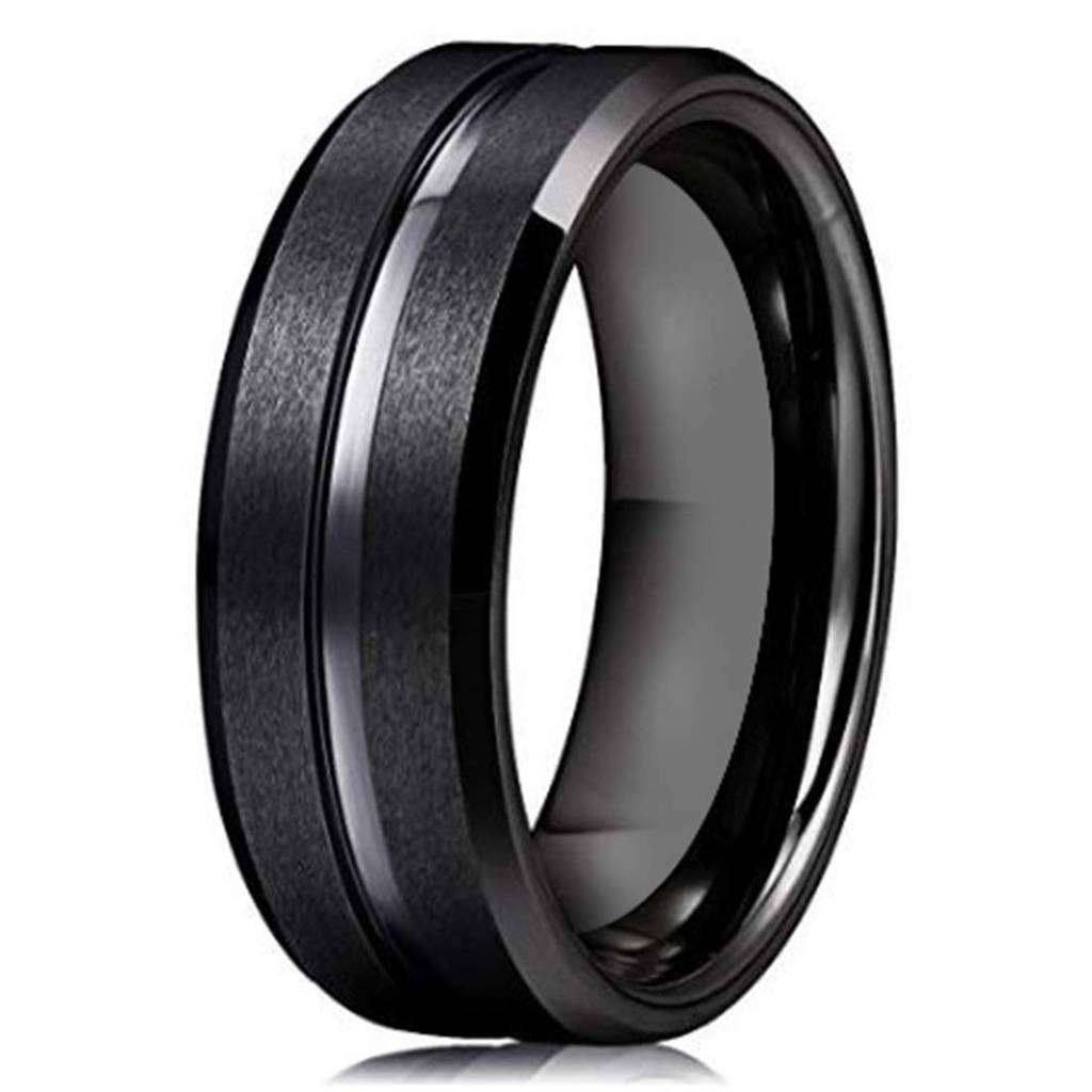 Black Tungsten Grooved Centre Polished Wedding Band Ring For Men Boys|Rakhi Rakshabandhan Gift For Sister Bhabhi, G : PX9R54-8