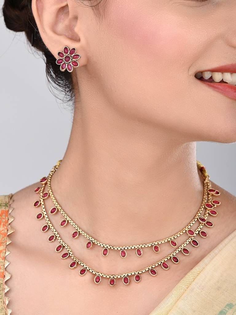 Gold Plated Delicate Double Layered Necklace Set : S24MRNKS485RED