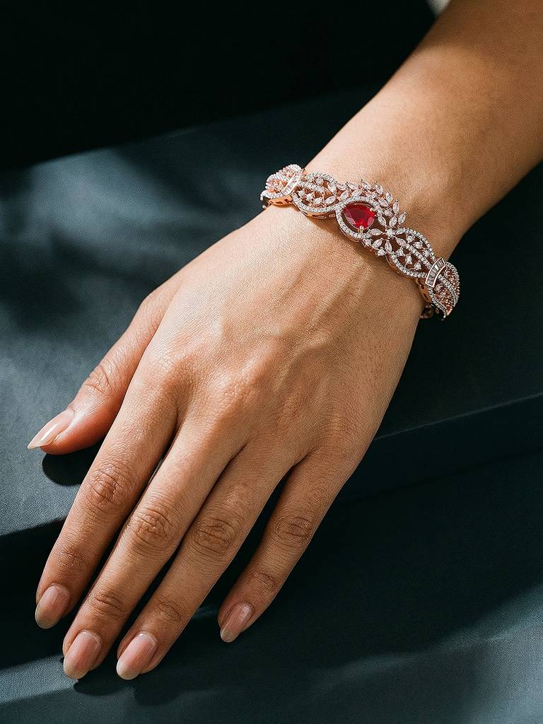 Rose Gold Plated Red Ruby Ad Zircon Designer  Quirky Kada Bracelet : SJBR2931