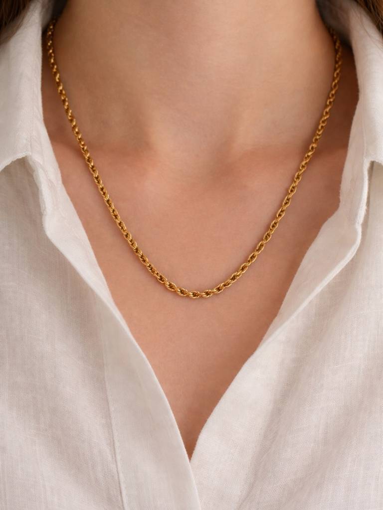 18K Gold Plated Long Twisted Chain Necklace – Stainless Steel : ATC806LTC