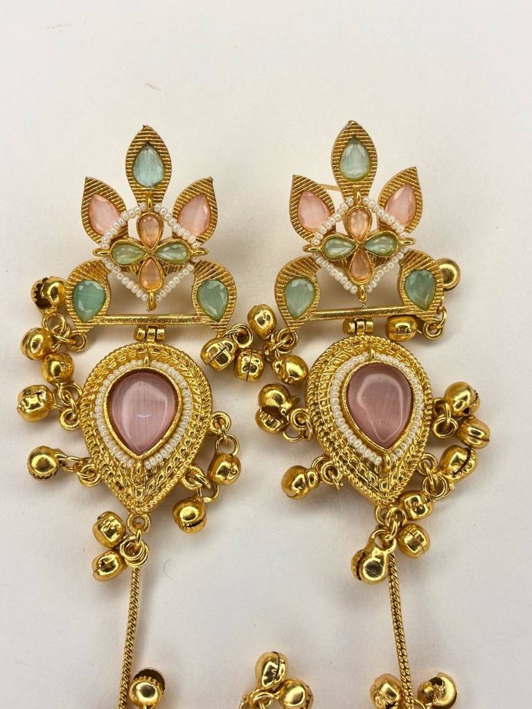 Gold-Plated Premium Kundan Red Stone-Studded Kan Chain Earrings : VI26EROX100371