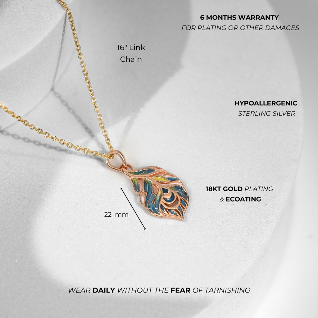 925 Silver Hypoallergenic Peacock Feather Necklace : N1218PeacockFeatherPendantlinkchain