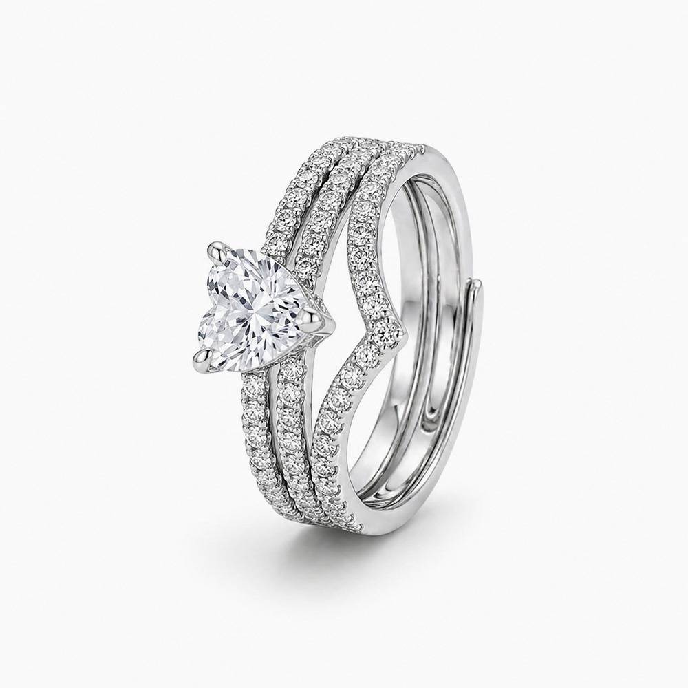 Layered Heart Solitaire & Chevron Pavé Set (925 Silver) : SR005
