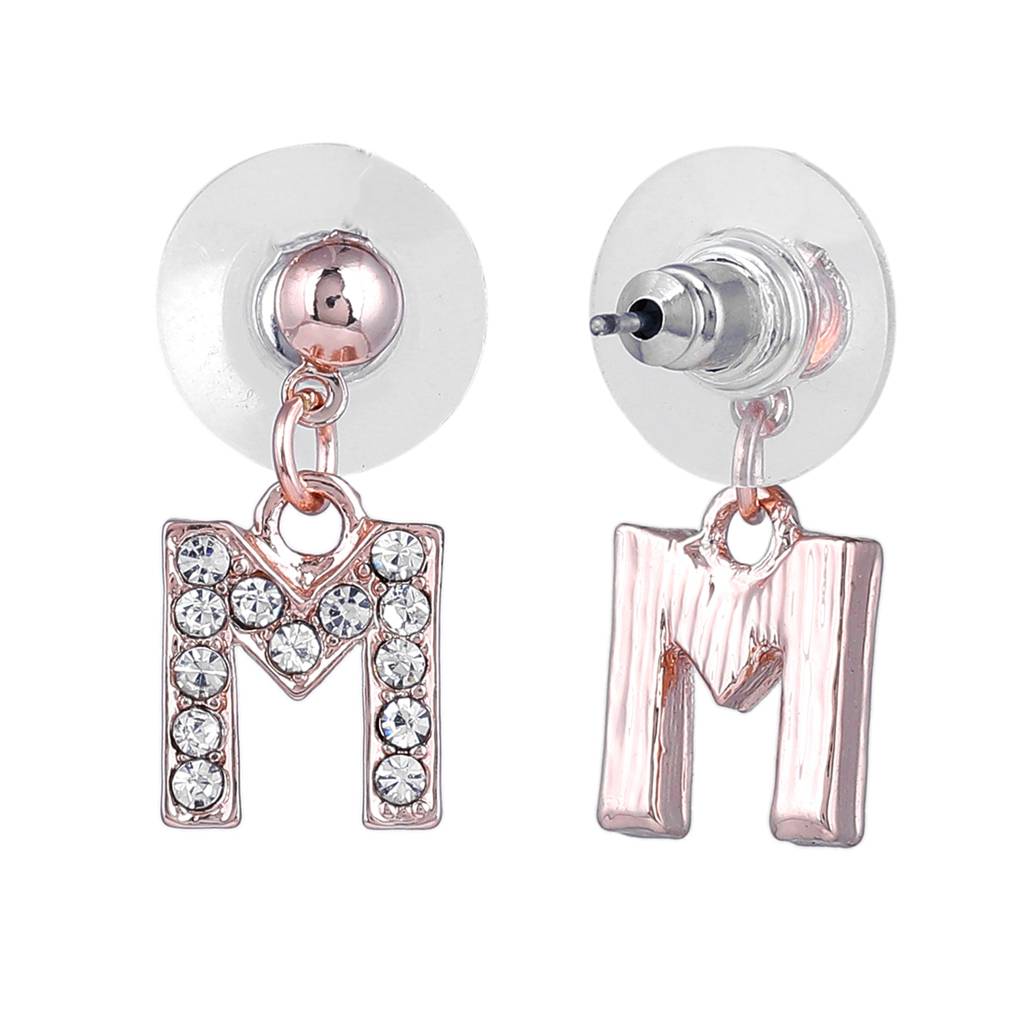 Estele Rosegold Plated Magnificent Medium 'M' Letter Earrings With Crystals For Women : 801701-RG-MER