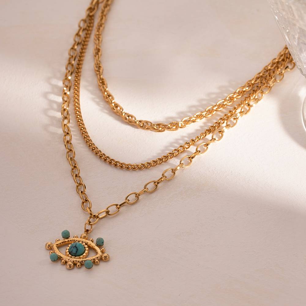 Mystic Eye Layered Turquois Evil Eye Necklace : MysticEyeLayeredTurquoisEvilEyeNecklace-JD-NK-LG-21