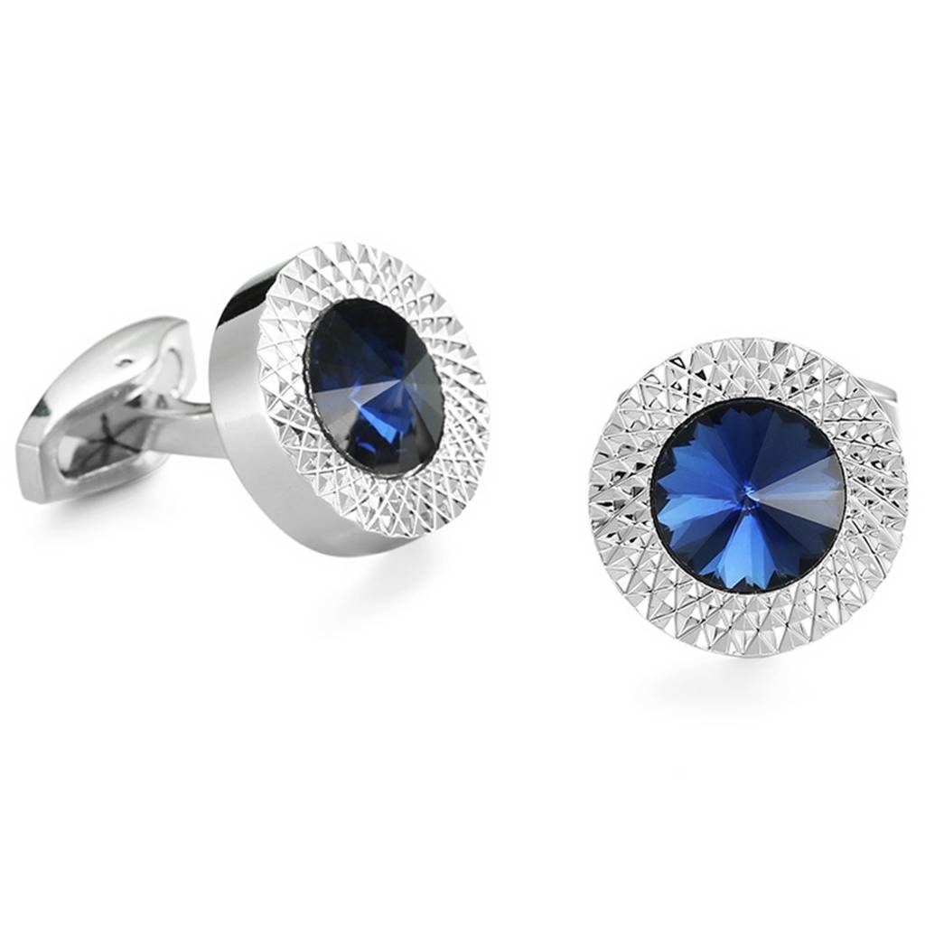 Silver Plated Circular Blue Crystal Cufflinks For Men Boys Wedding Business Gift : PX9CL22