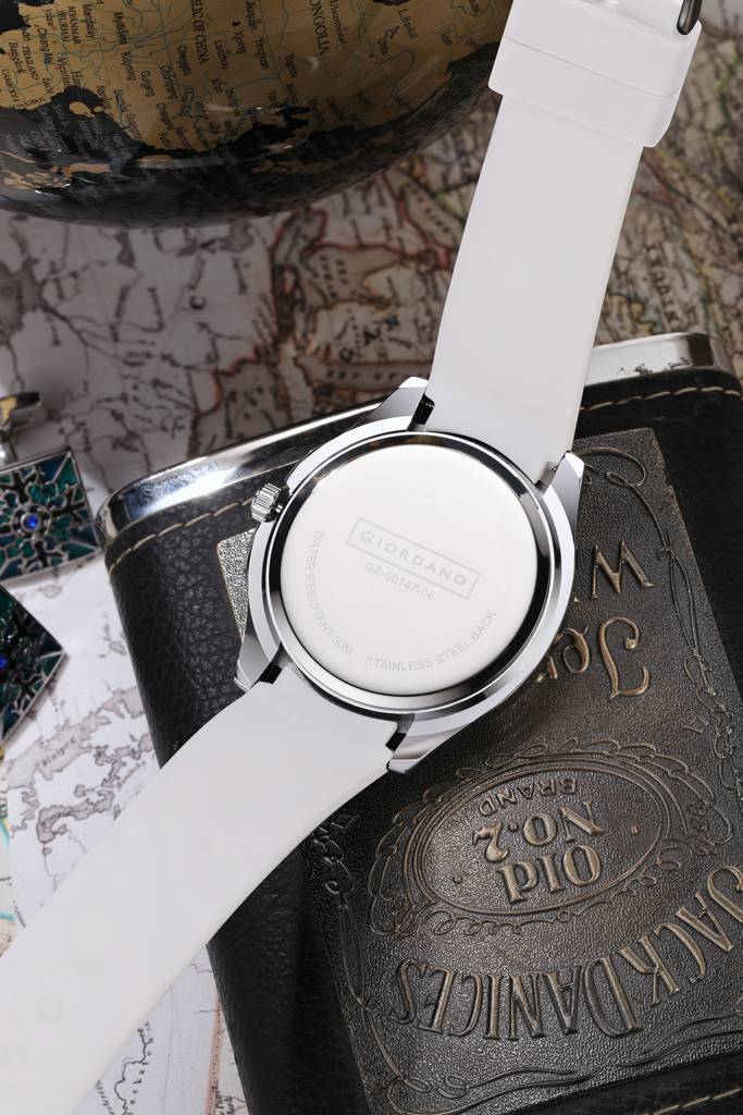 Stylish World Map Design Analog Watch For Men With Silver Case Round Dial, Textured Silicone Strap, Water Resist : GZ-50147-06