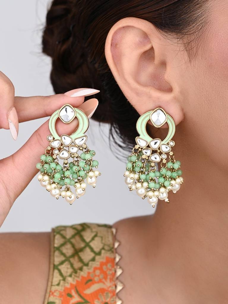 Gold-Plated Meenakari Stud Earrings With Kundan & Pearl Cluster Drops : S24FAER408SGR