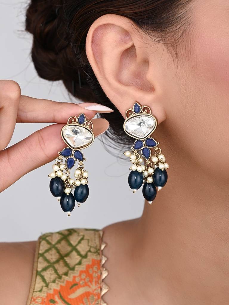 Gold Plated Kundan & Pearl Drop Earrings : S24FAER410BLU
