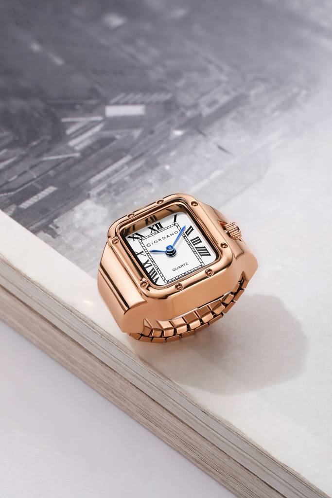 Analog Ring Watch For Women With Rectangular Dial, Roman Numeral Markers, Blue Hands, Quartz Movement And Stainl : GZ-60186-22