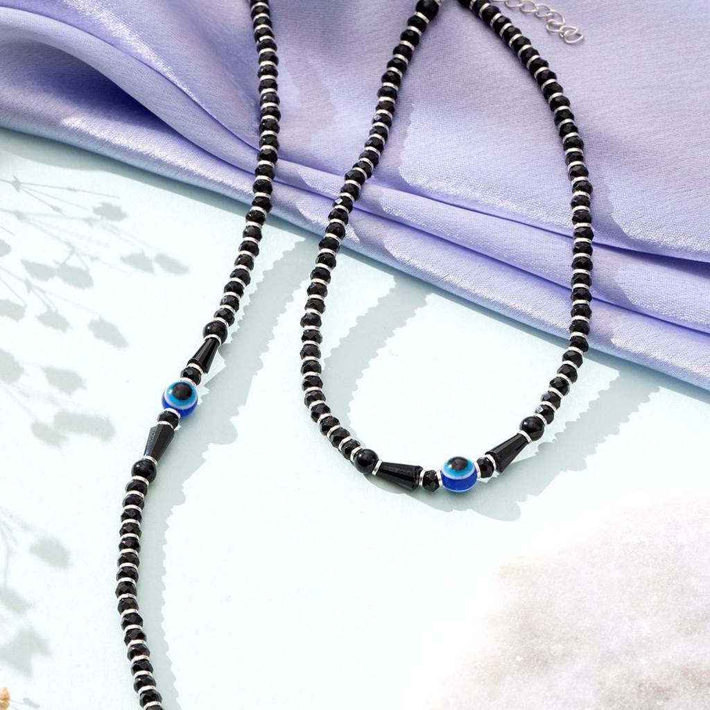 Guardian Evil Eye Beaded Silver-Plated 925 Sterling Silver Anklet : ANK-60307-PAIR-S