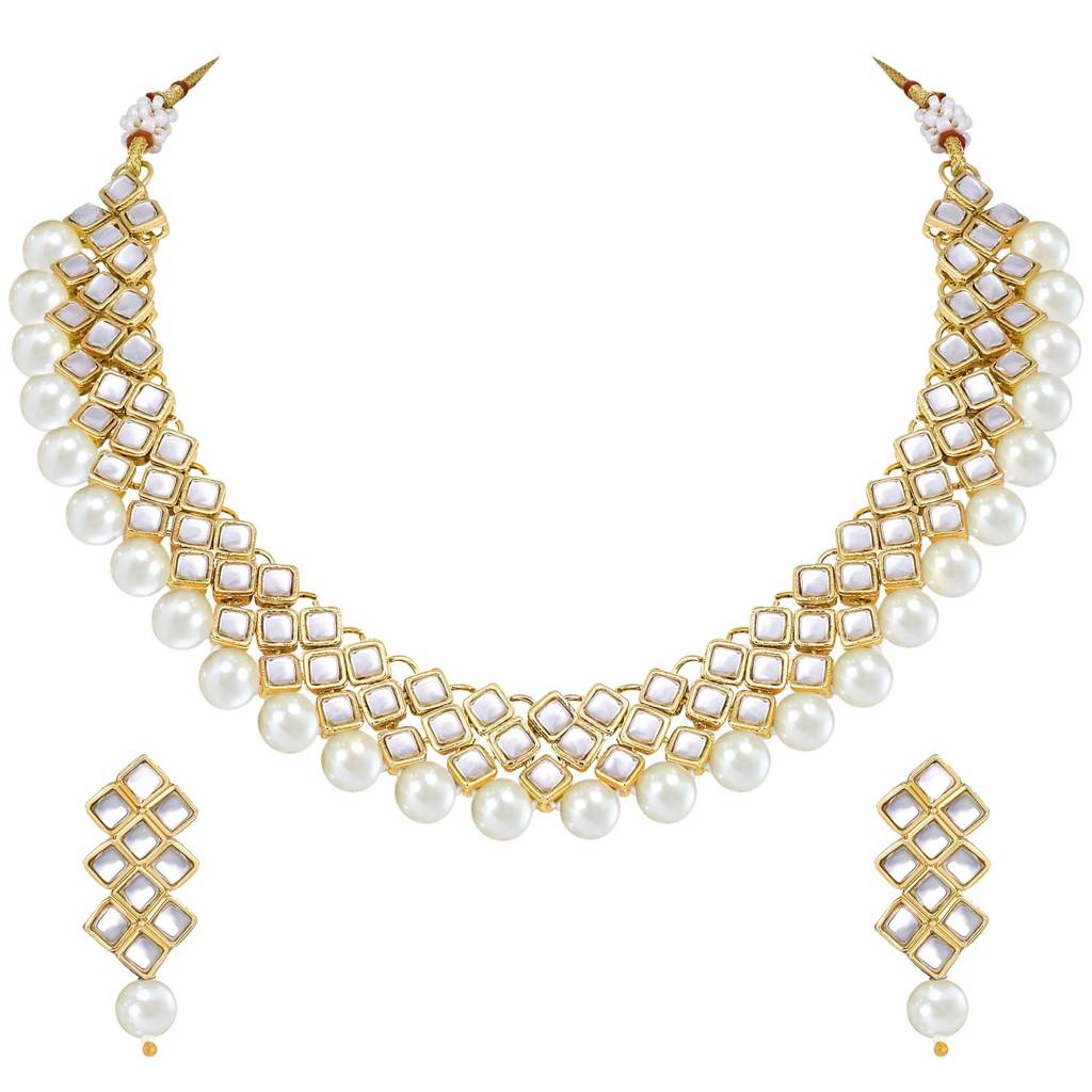 Peora Gold Plated Indian Ethnic Kundan Pearl Fancy Bridal Traditional Choker Necklace Jewellery Set With Earrings : PF25N1018W
