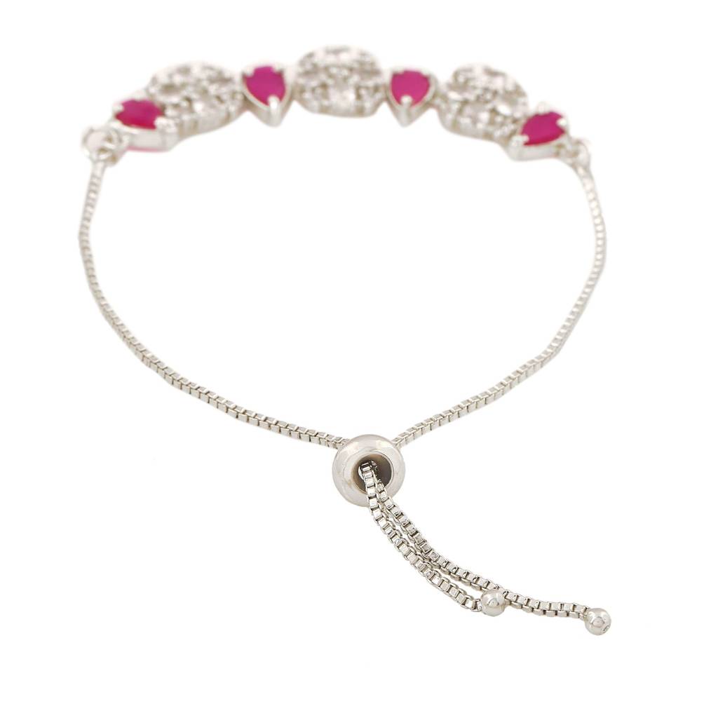 Estele Rhodium Plated Cz Flower Designer Bracelet With Ruby Crystals For Girls & Women