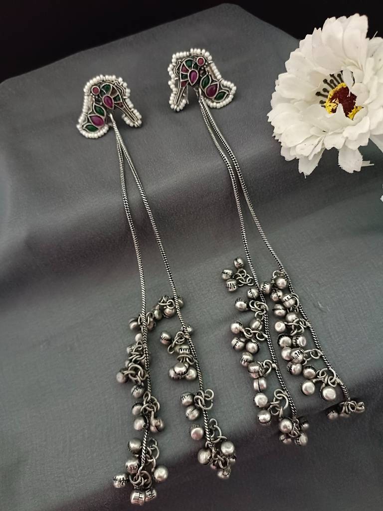 Kundan Studded & Ghungroo Beaded Tasselled Peacock Drop Meenakari Earrings : VS105315