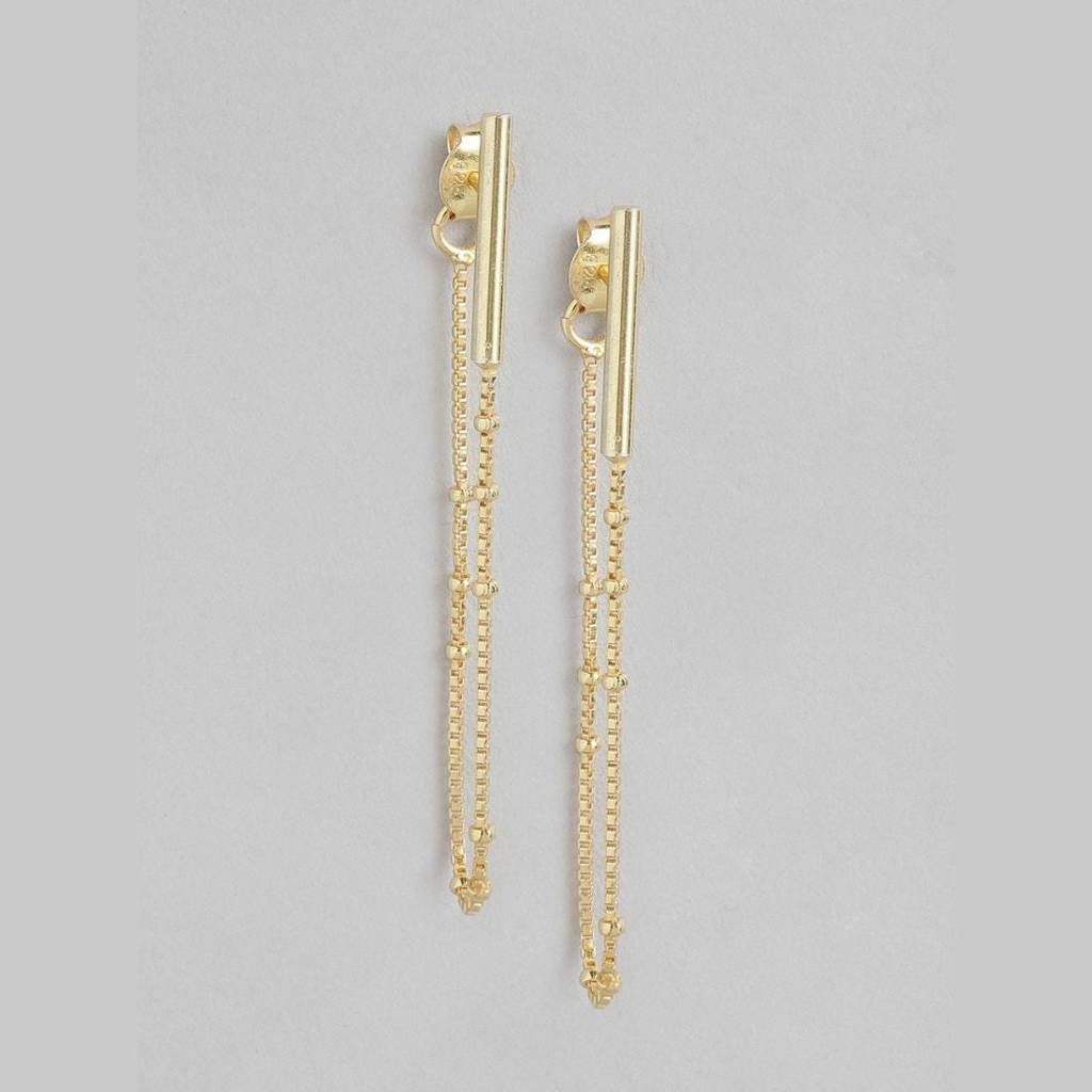 Golden Cascade 925 Sterling Silver Stud Earrings With Drop Chain Look : EAR-20424
