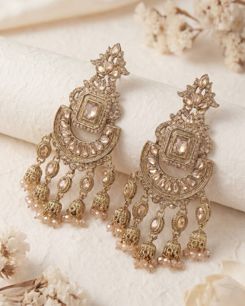 Antique Gold Champagne Crystal Cluster Long Dangle Earrings : ORP209