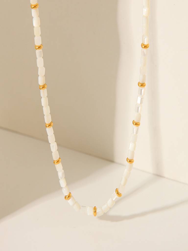 White And Gold Beaded Necklace 18K Gold Plated Waterproof Anti-Tarnish : AHC0925N0060