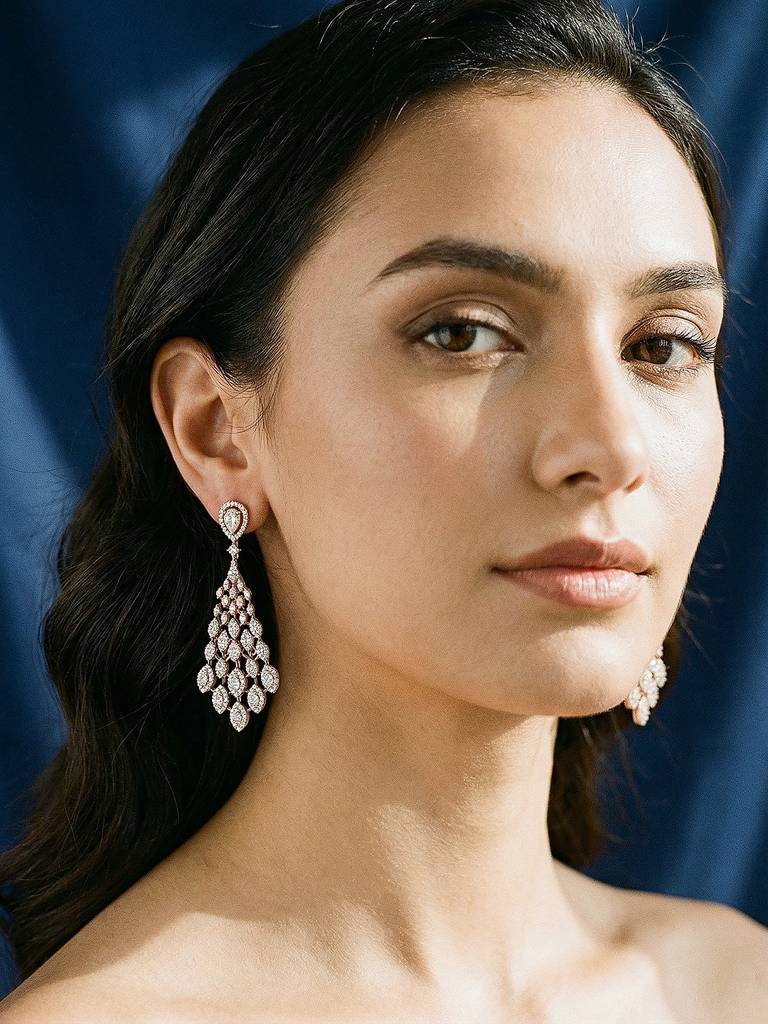 Rose Gold Plated Ad Zircon Studded Delicate Dropdown Chandelier Earrings : SJER2925