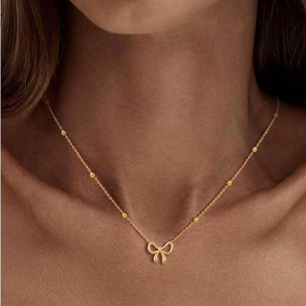 Bow With Bead Chain Necklace : NC_SS_Bow_Gld
