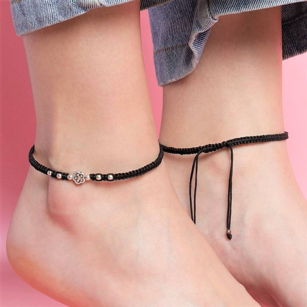 Unifloral Rhodium Plated 925 Sterling Silver Thread Anklet : ANK-60219-PAIR