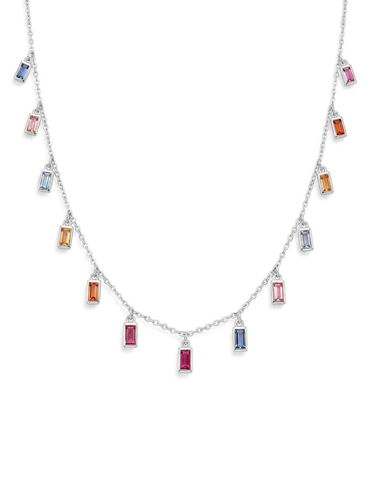 925 Silver Necklace With Multicolor Baguette Cubic Zirconia Drops. A Refined Silver Necklace For Women Designed To  : DXNC1893