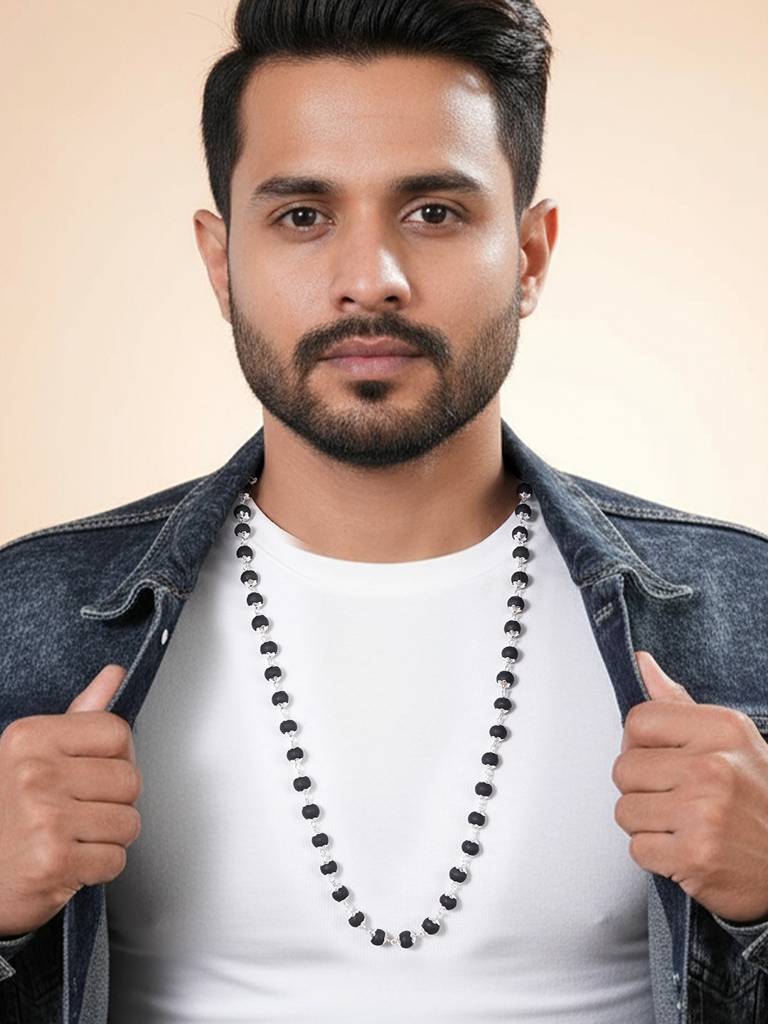 Divine Statement Karungali Mala With Silver Plated Cap Necklace With Lab Certificate For Minimal Style . : STLK8229