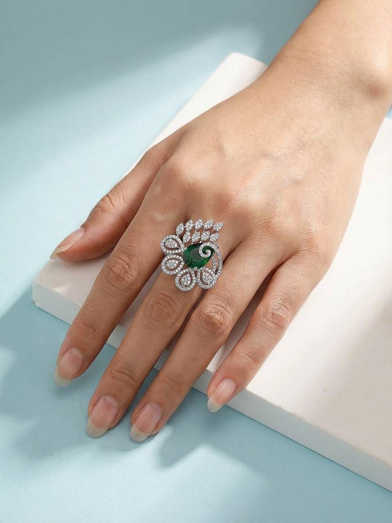 Silver Plated Green Emerald Green Ad Zircon Studded Designer Statement Adjustable Finger Ring : SJRG2882