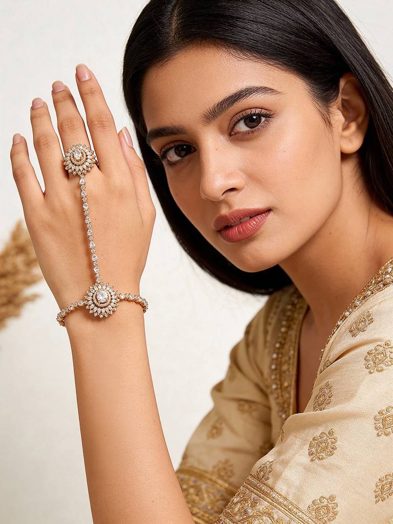 Gold Plated Ad Zircon Studded Wraparound Trendy Hathphool : SJHP2960