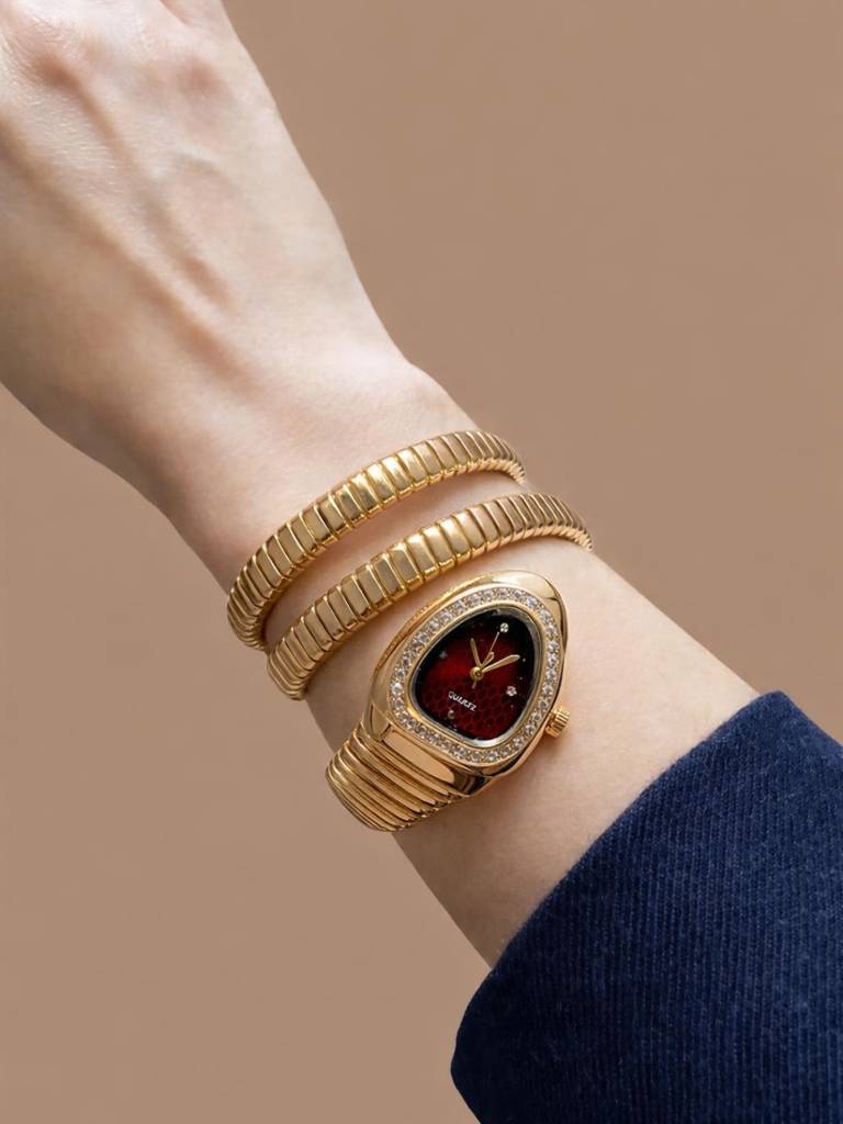 Ruby Dial Spiral Serpenti Gold Watch-Style Bracelet With Cz Stones : WA878RDSS