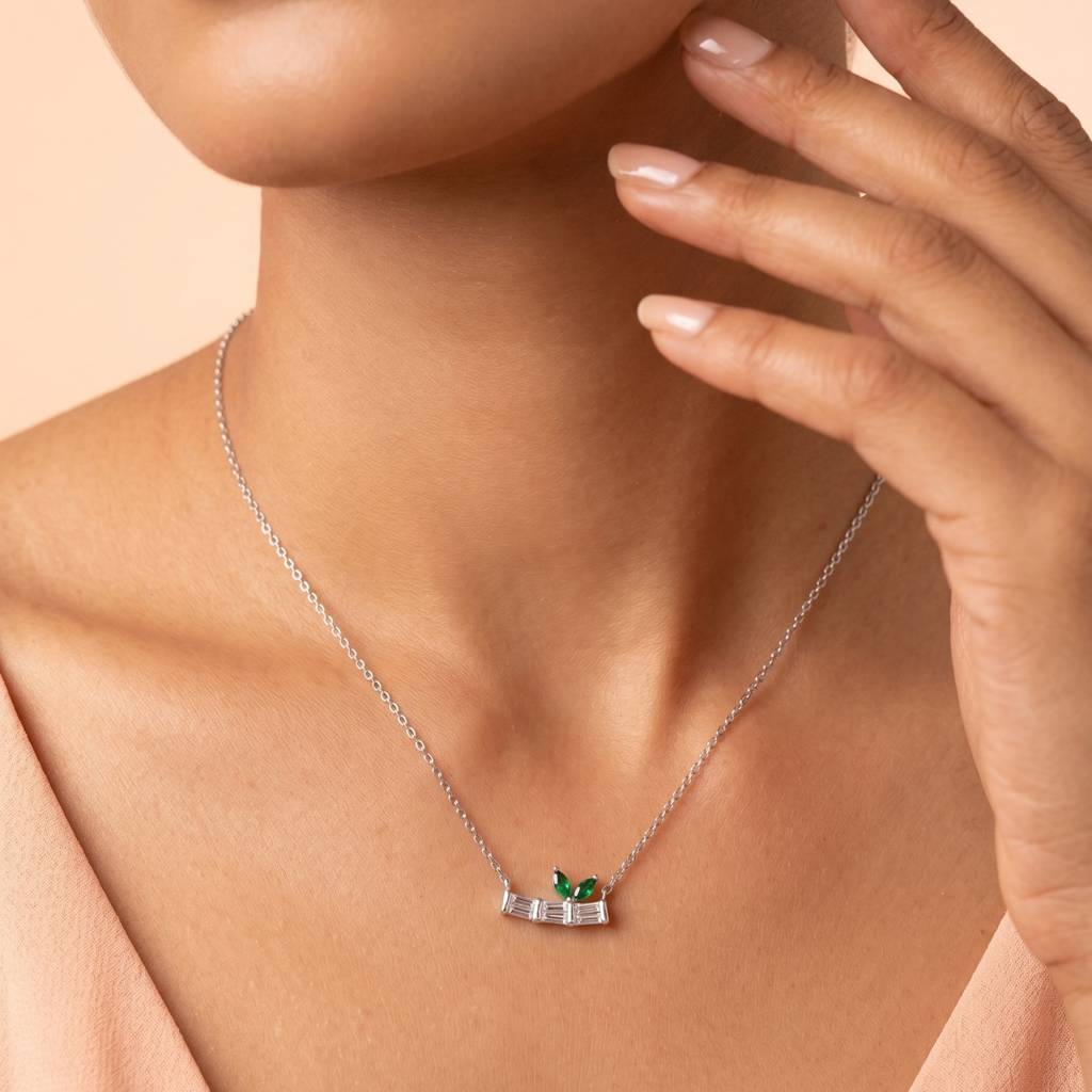 925 Pure Silver Emerald Leaf Baguette Chain  Pendant : CP1146