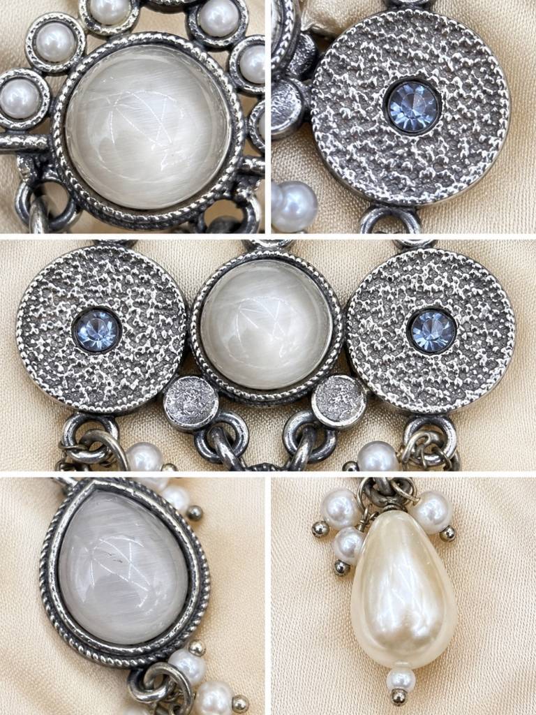Silver Plated Oxidised Stone & Pearl Embellished Statement Chandbali Earrings : VI26EROX100336