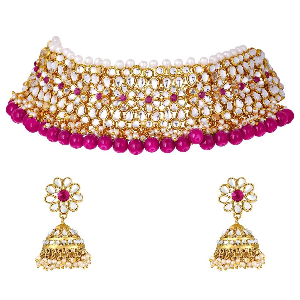 Peora Wedding Kundan Faux Pearl Choker Necklace Earring Traditional Jewellery Set For Women : PF25N1161RP