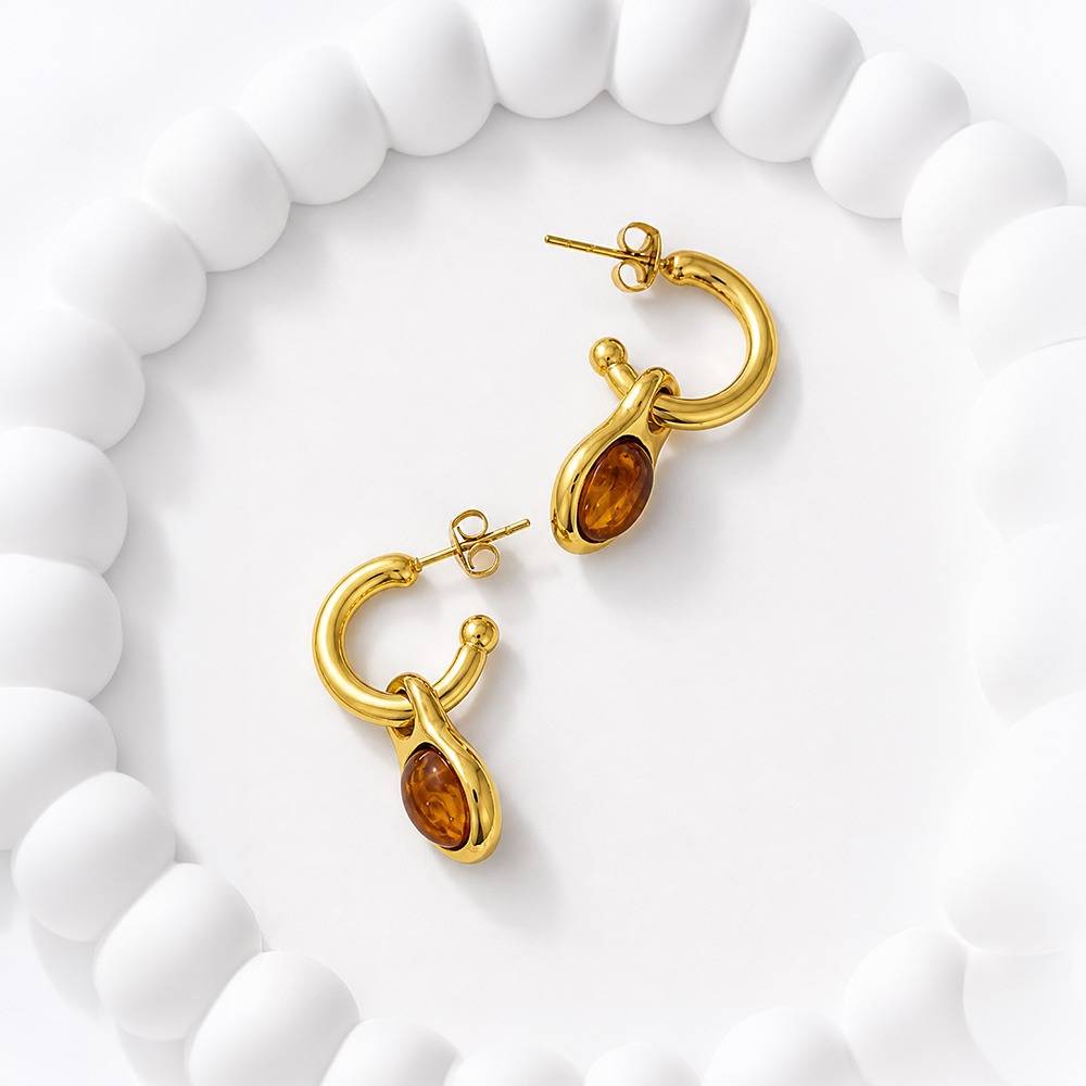 Women 18K Gold-Plated Amber Oval Cabochon Drop Earrings : 101234