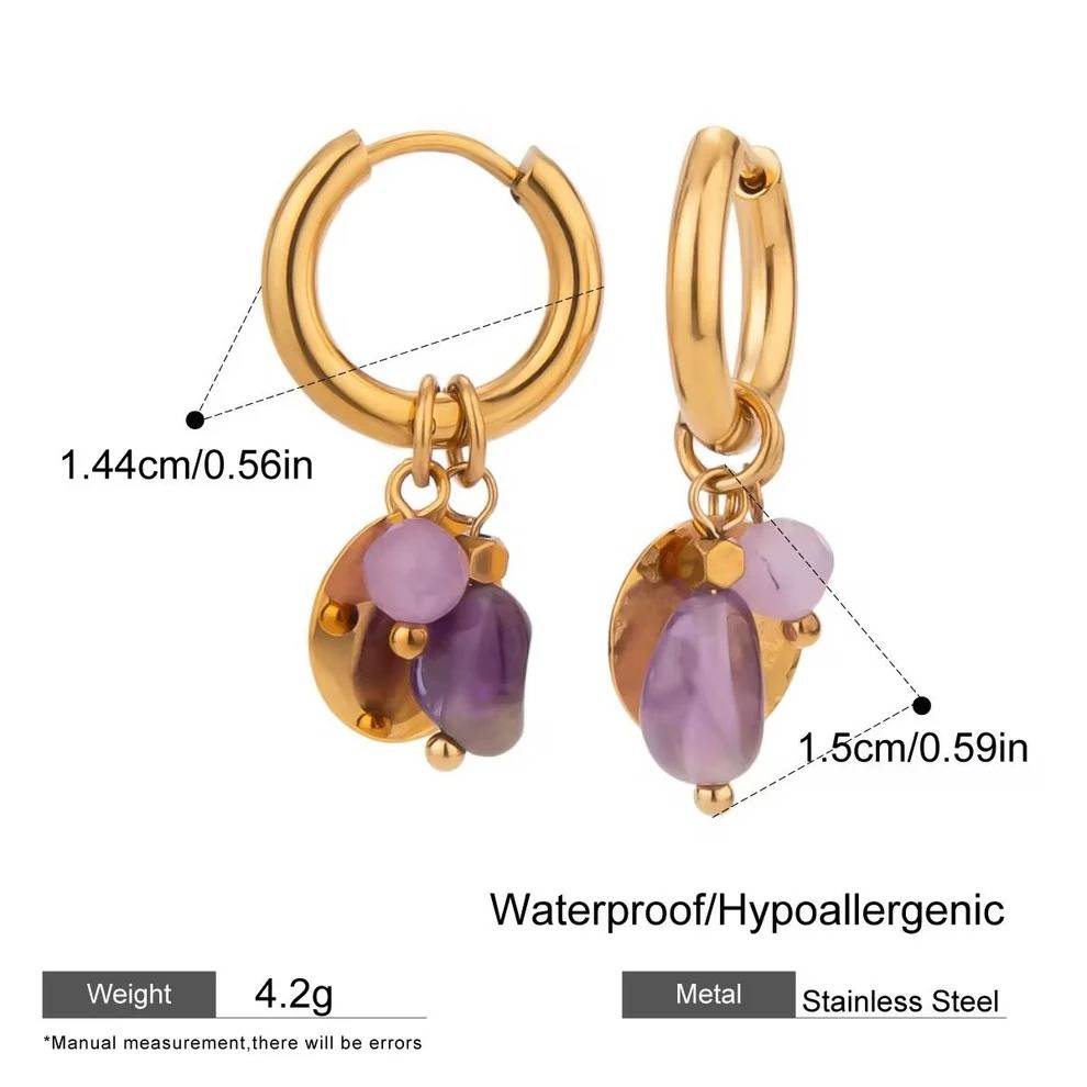 Gold Plated Purple Stone Charm Hoop Earrings For Women | Trendy Beaded Drop Earrings : 100691