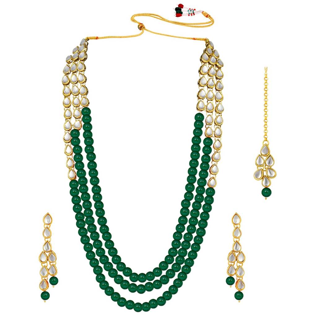 Peora Gold Plated Kundan Pearl Long Necklace Earring Mang Tika Jewellery Set For Women : PF25N093G