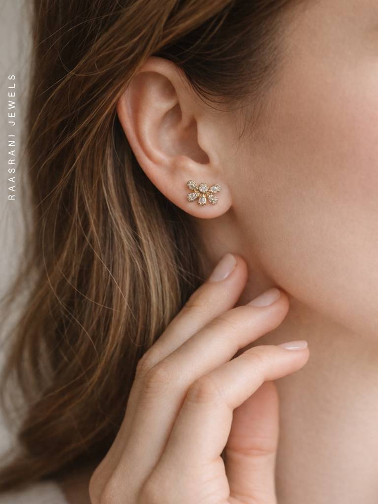 Half Floral Gold Stud Earrings With Ad Stones | Everyday Wear : S925E659HFS