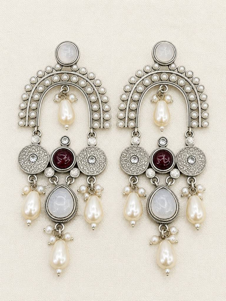 Silver Plated Oxidised Stone & Pearl Embellished Statement Chandbali Earrings : VI26EROX100338
