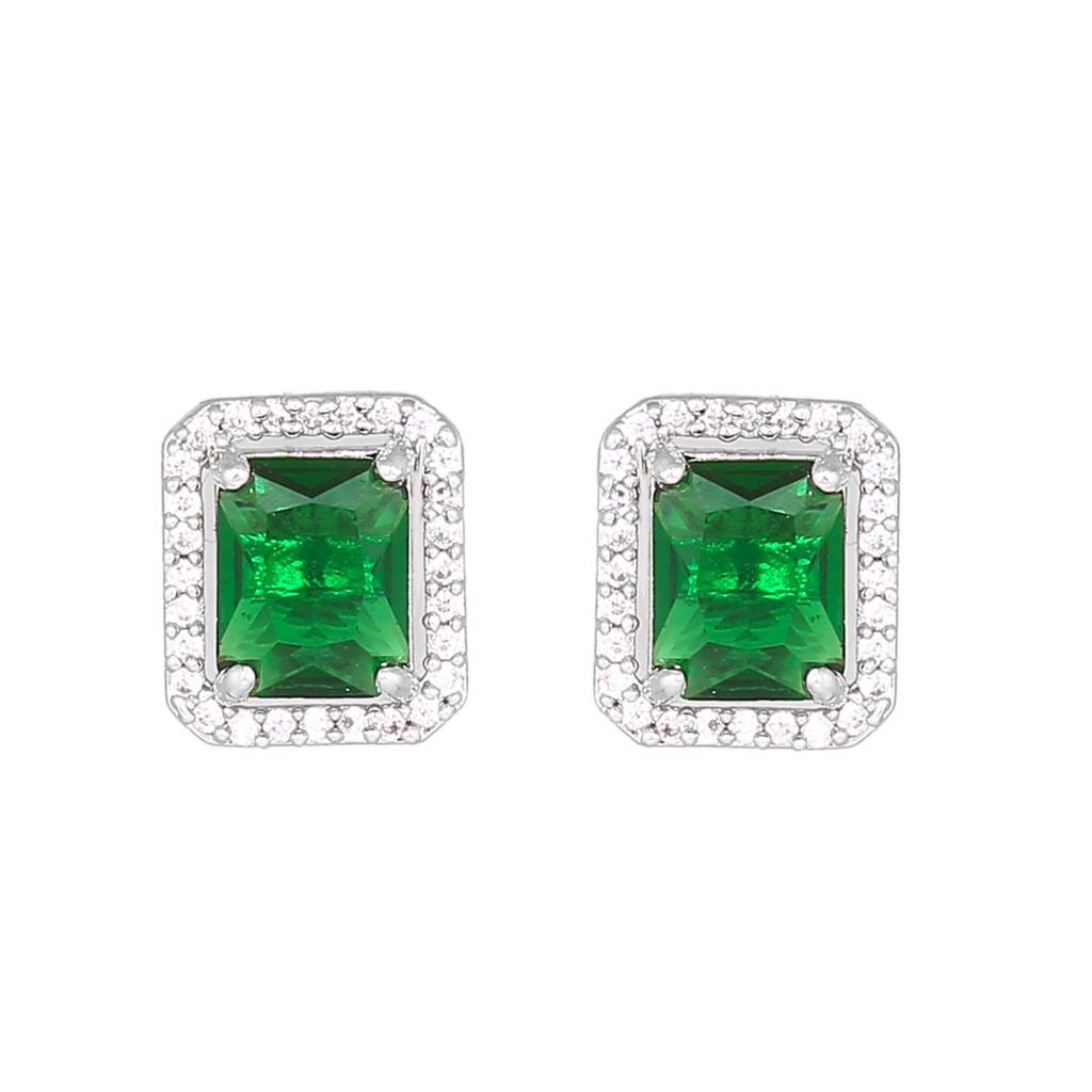 Estele Rhodium Plated Cz Sparkling Square Designer Pendant Set With Emerald Stone For Women