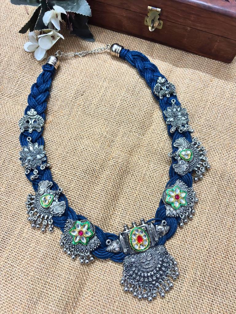 Oxidised Silver Plated Floral & Peacock Charm Bohemian Meenakari Jute Necklace : VI26NK0098