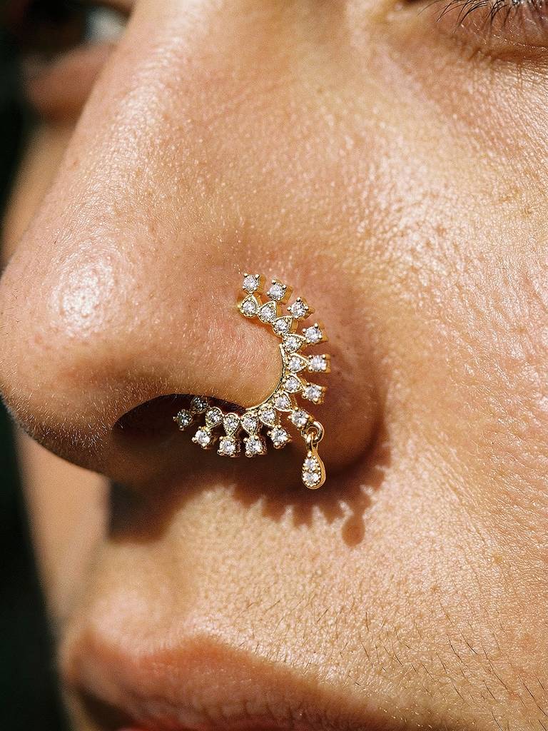 Gold Plated Ad Studded Minimal Nose Ring Nath : SJNT2953