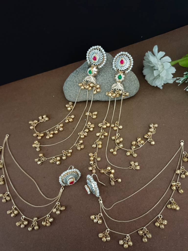 Brass-Plated Pachi Kundan Studded & Ghungroo Beaded Kashmiri Drop Earrings With Earchains : VS105330