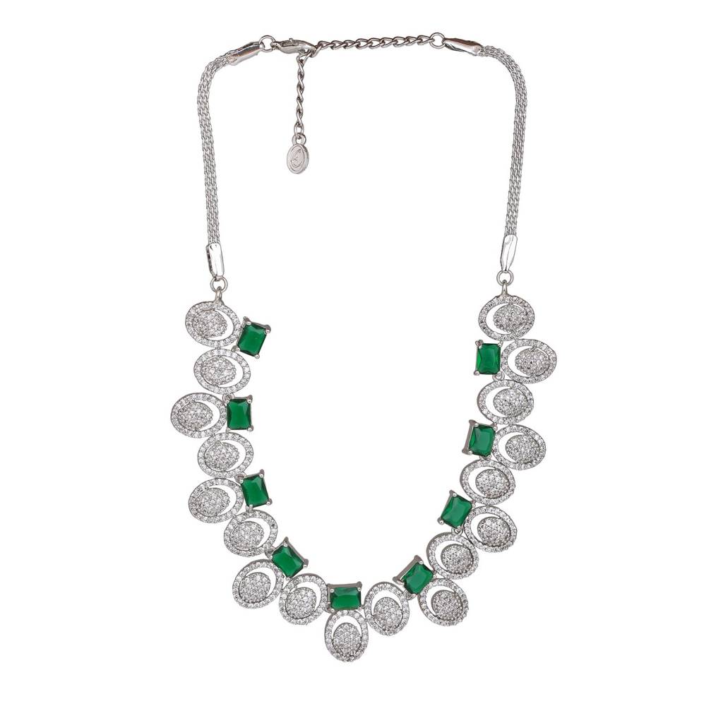 Estele Rhodium Plated Cz Mesmerizing Necklace Set With Green Crystals For Women
