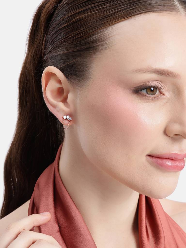 18Kt Rose Gold Plated Cz Stud And Chain Earring : FJE5867
