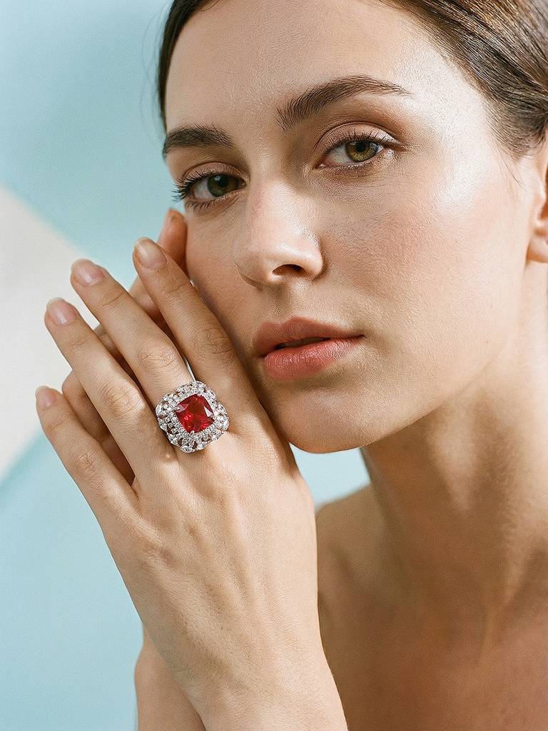 Silver Toned Ruby Red  Zircon Embedded Statement Adjustable Finger Ring : SJRG2885